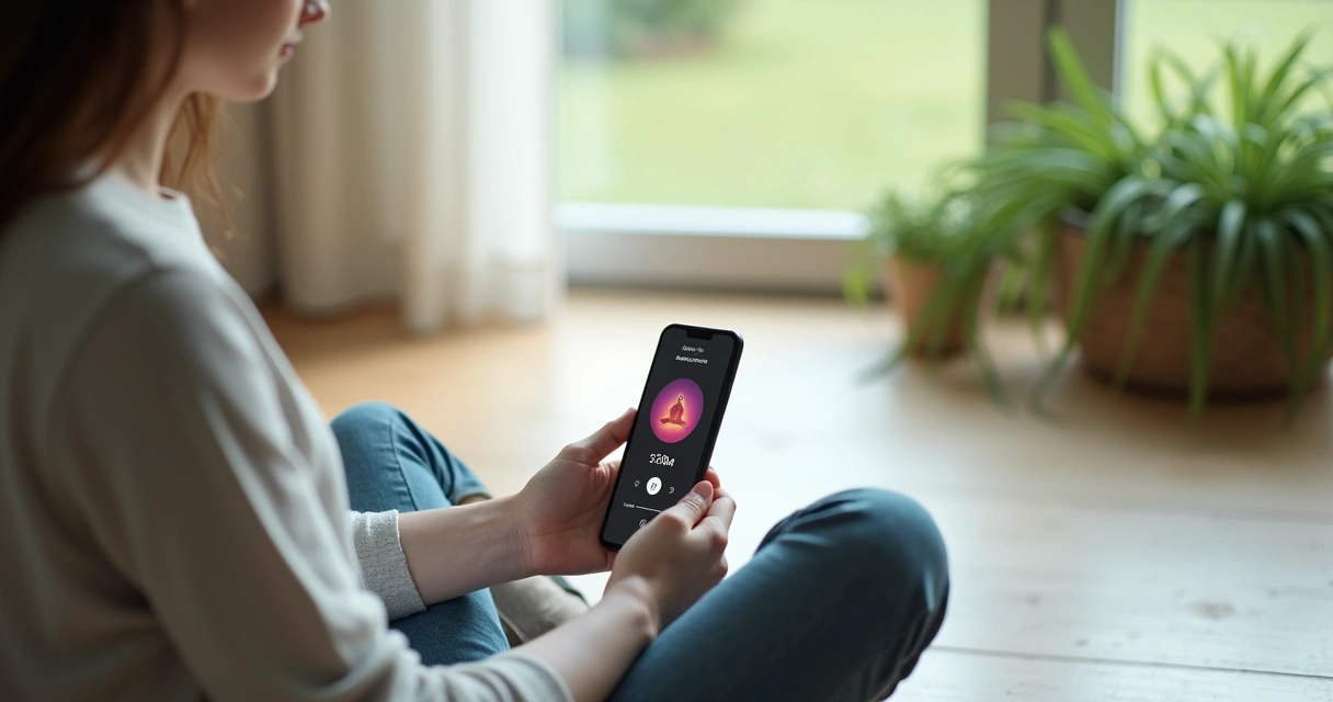 Pessoa usando aplicativo de meditação em um smartphone, sentada em ambiente tranquilo. 