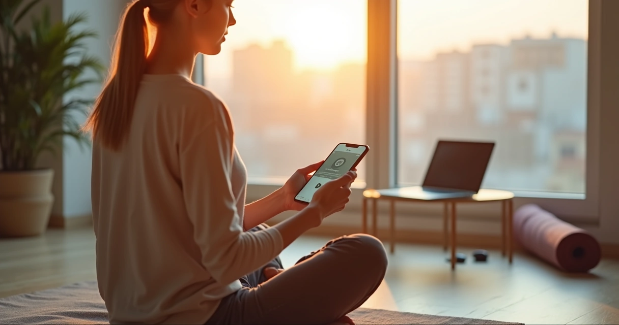 Pessoa iniciando meditação guiada por aplicativo no smartphone ao amanhecer 