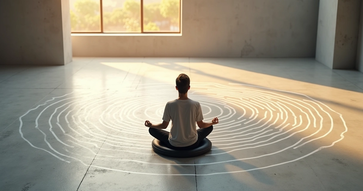 Pessoa meditando no centro de um labirinto desenhado com pensamentos 