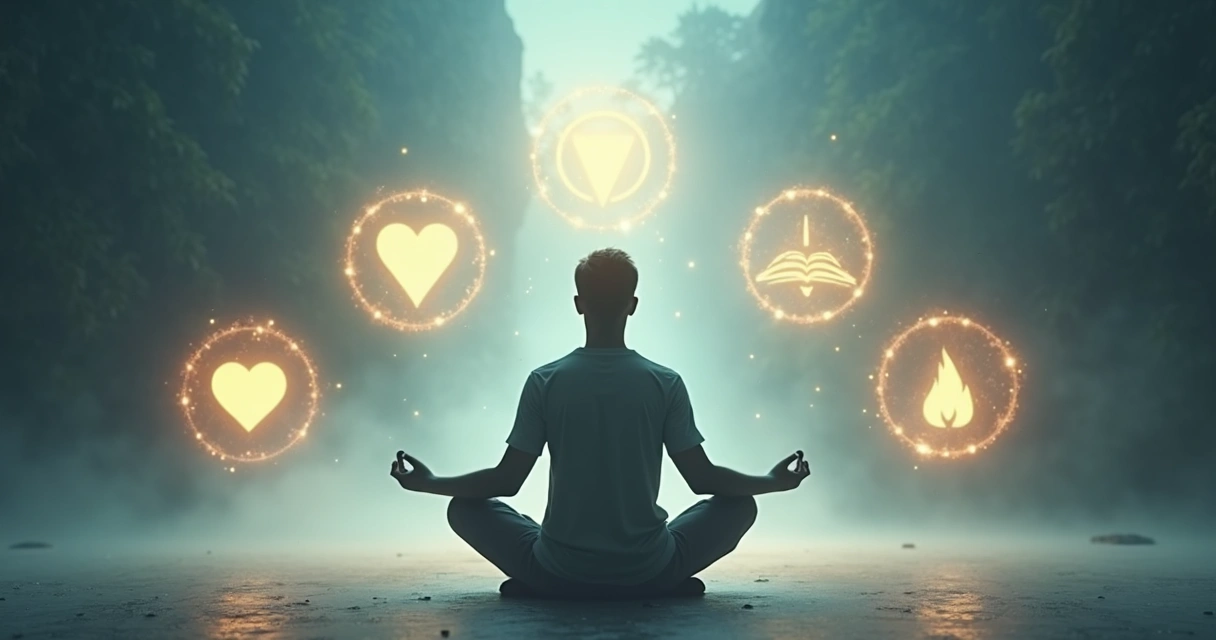 Pessoa sentada em meditação com símbolos de arquétipos ao redor 