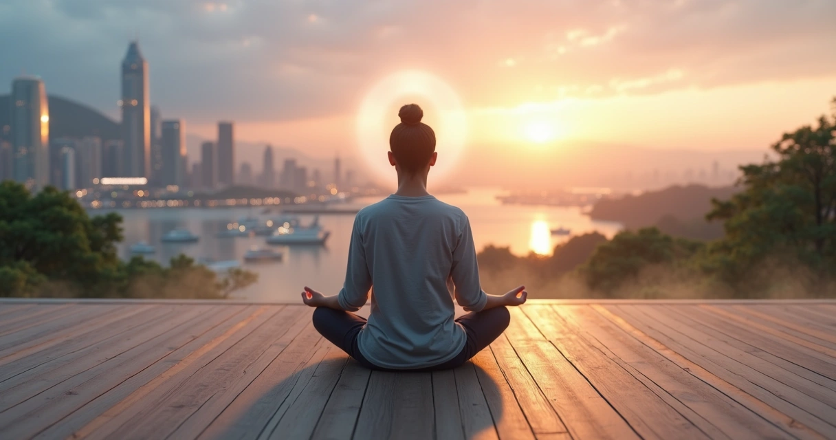 Pessoa meditando em posição de lótus diante de cidade futurista ao amanhecer 