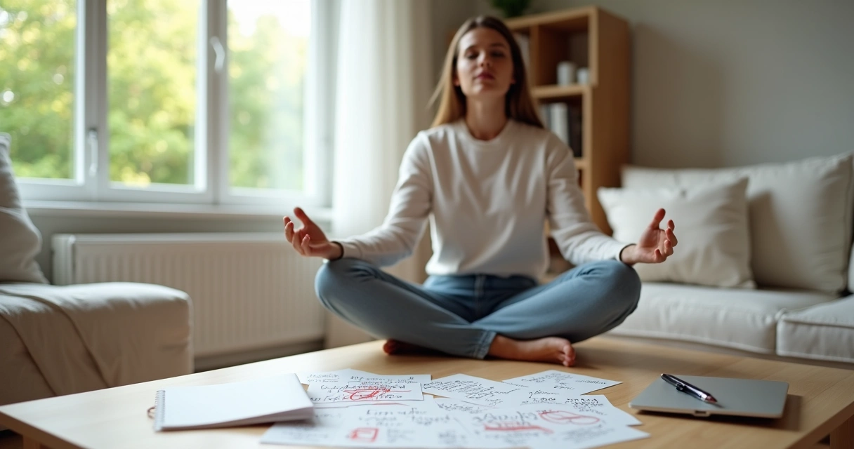 Pessoa em meditação praticando atenção plena diante de anotações com críticas construtivas 
