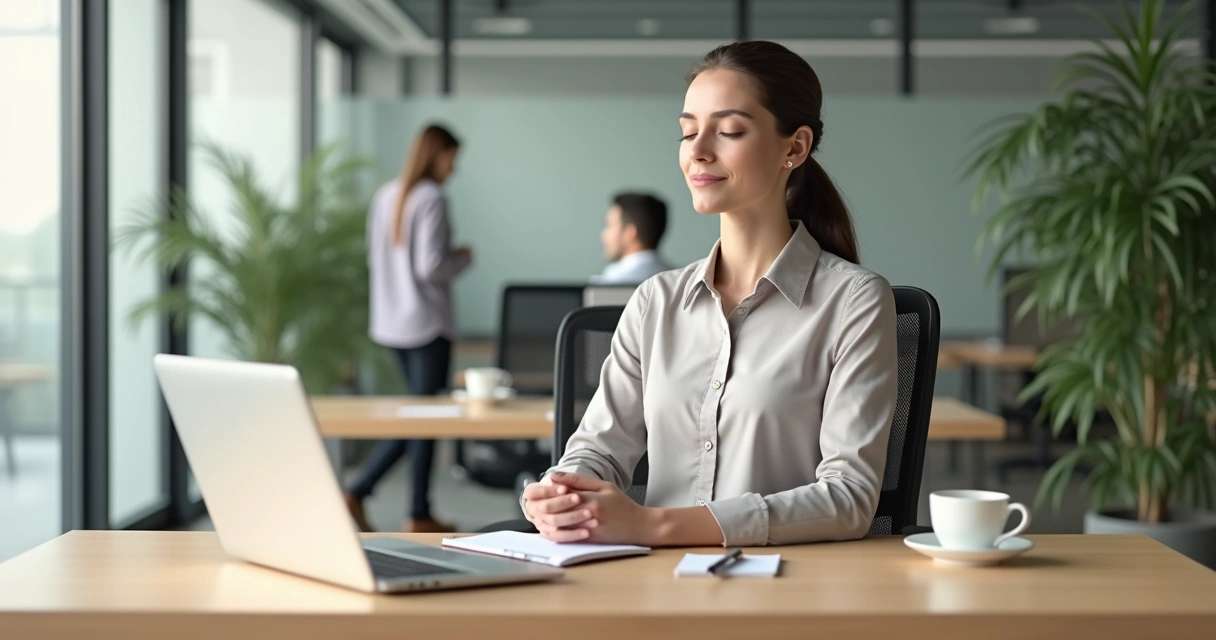 Profissional sentado em postura de meditação em um escritório moderno 