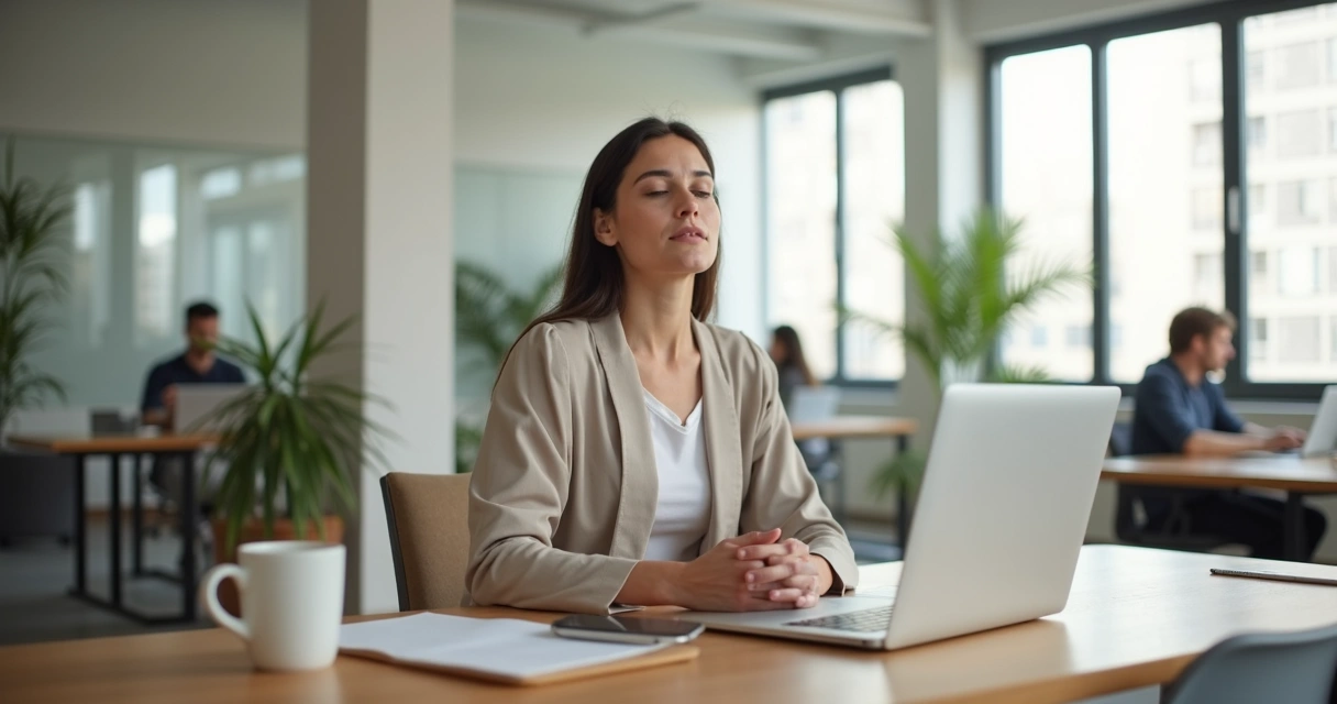 Profissional sentado em mesa de escritório praticando meditação curta durante o trabalho 