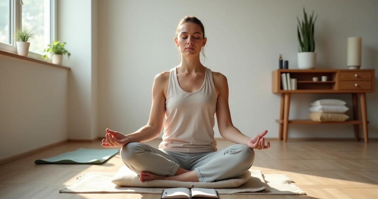 Pessoa meditanto em ambiente minimalista com foco calmo e expressão serena 