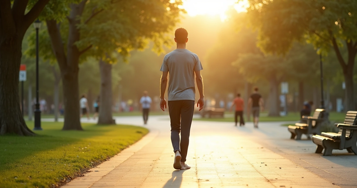 Pessoa em meditação ativa caminhando lentamente em parque com luz suave do amanhecer 