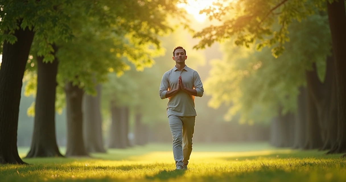 Pessoa praticando meditação ativa ao ar livre com árvores ao fundo 