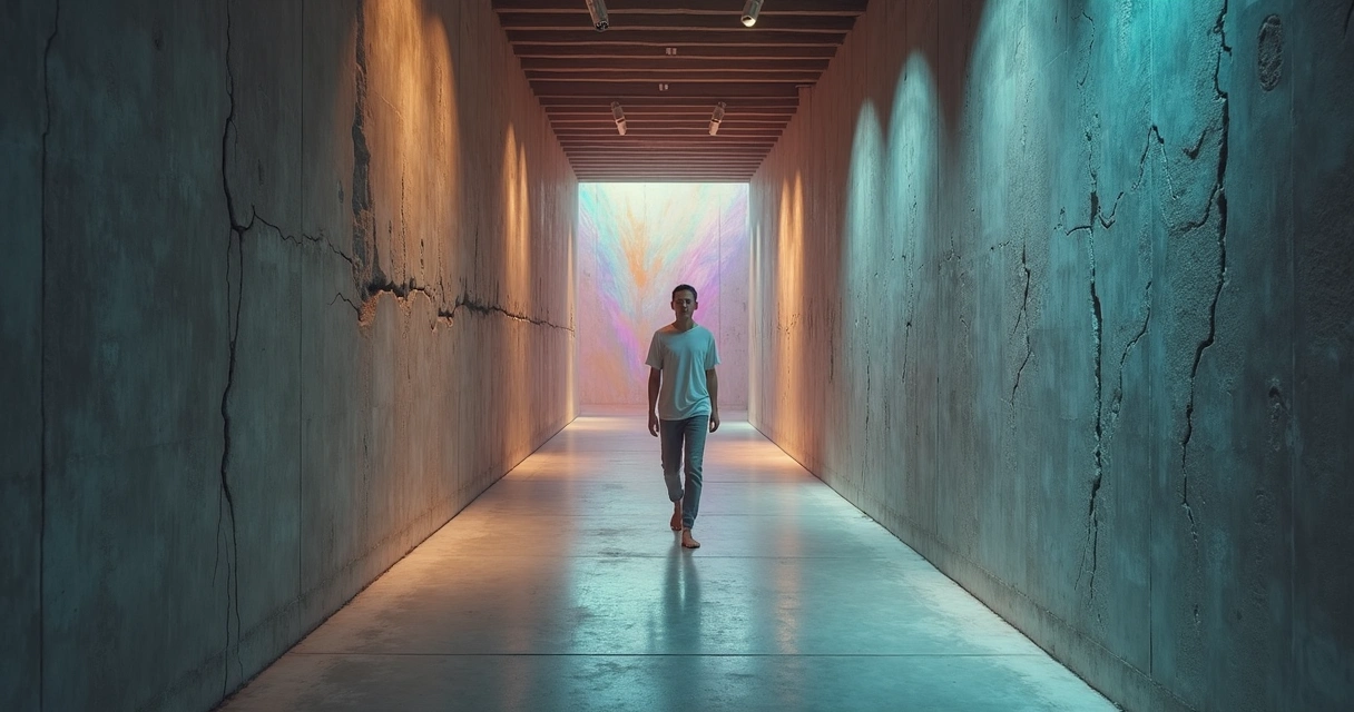 Pessoa caminhando em galeria com paredes rachadas que se transformam em luz colorida 