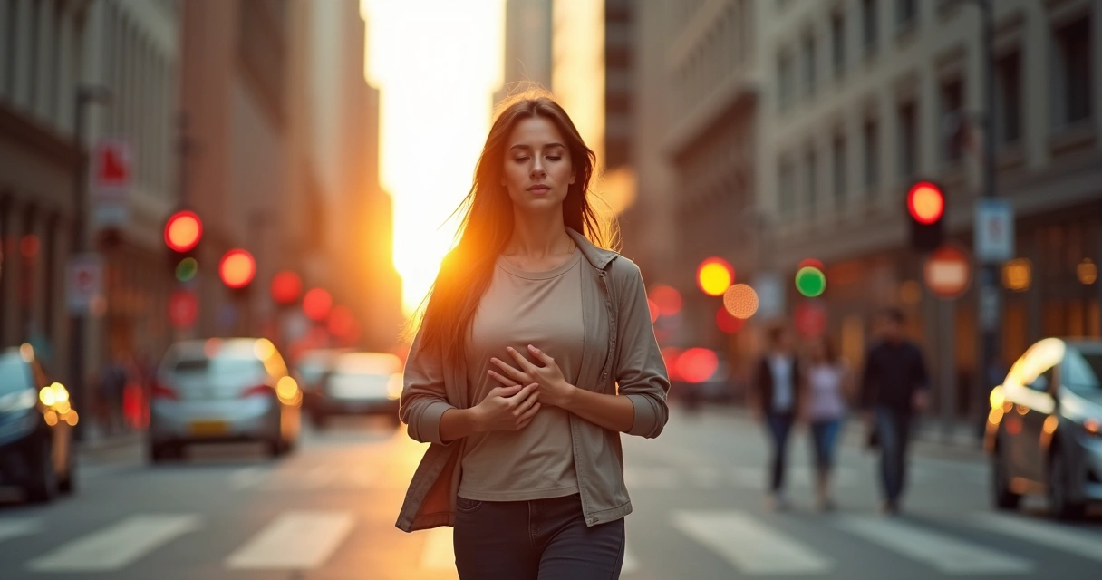 Mulher caminhando em rua urbana movimentada praticando meditacao ativa 