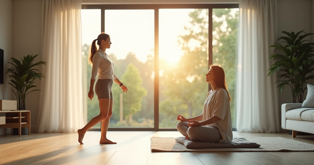 Mulher dividida entre meditacao ativa em movimento e meditacao contemplativa sentada 