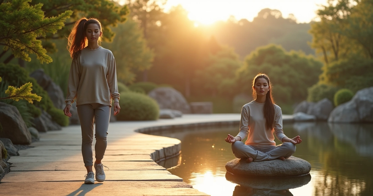 Mulher sentada meditando ao ar livre com contraste entre movimento e quietude 