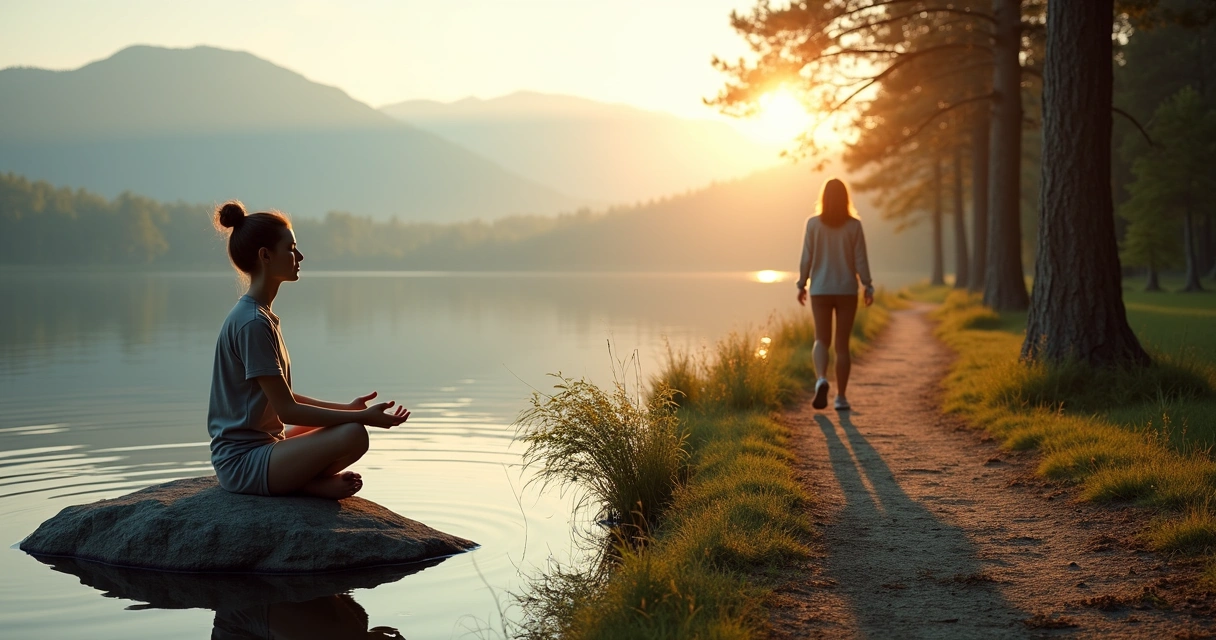 Pessoa alternando entre meditação sentada e caminhada em trilha entre árvores 