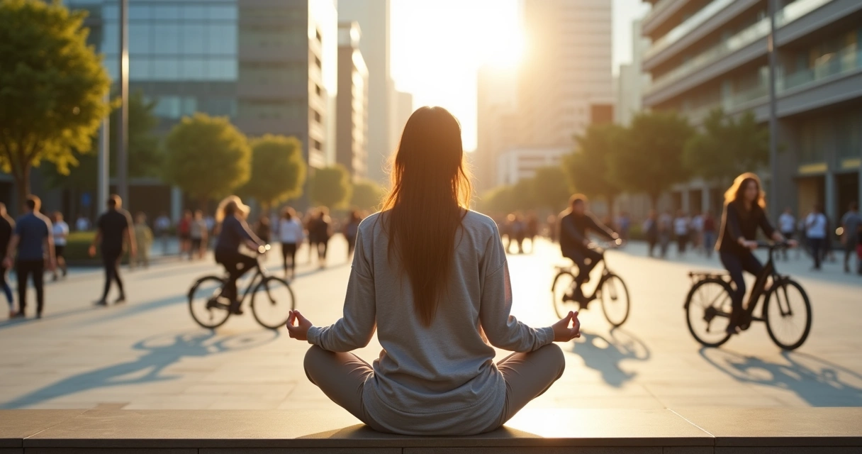 Pessoa meditando ativamente em meio ao cotidiano urbano moderno 