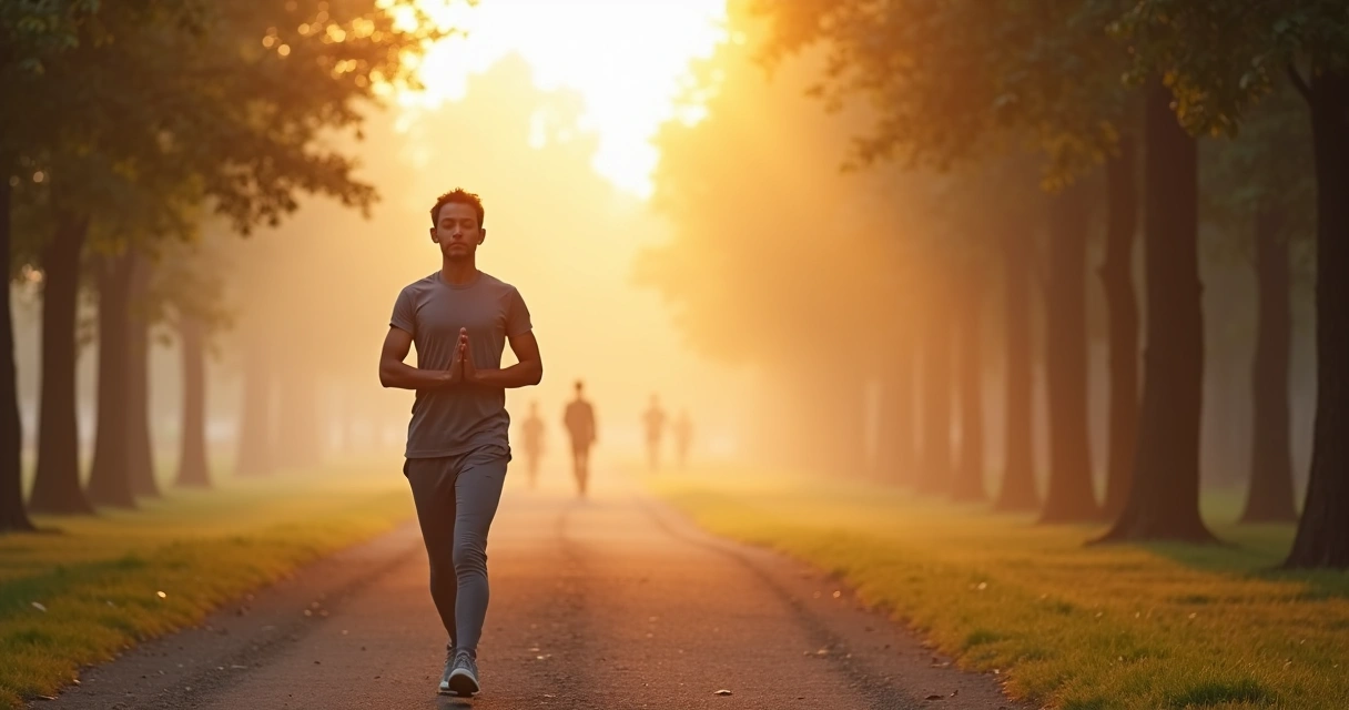 Pessoa praticando meditação ativa caminhando em parque ao nascer do sol 