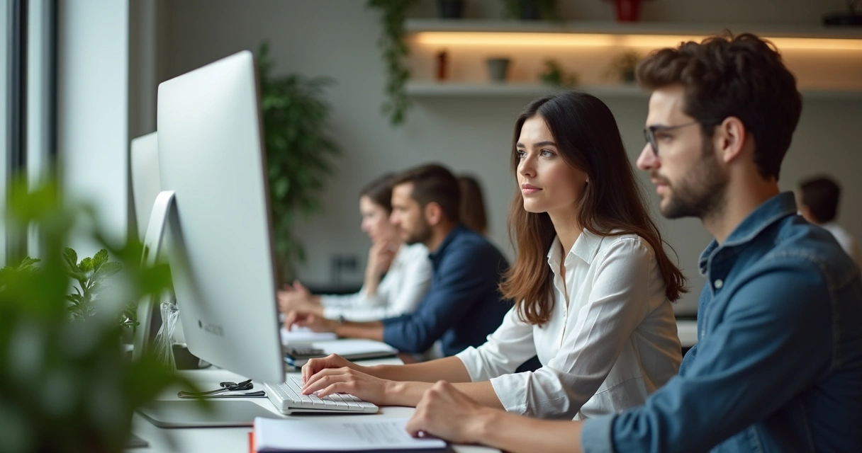 Pessoa sentada em cadeira de escritório, olhando para a tela do computador, praticando respiração consciente no trabalho 