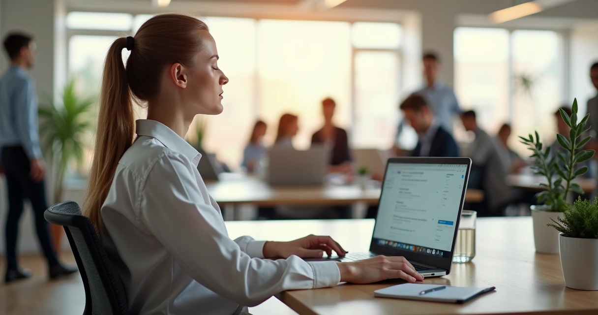 Profissional em meditação ativa em meio ao escritório moderno 
