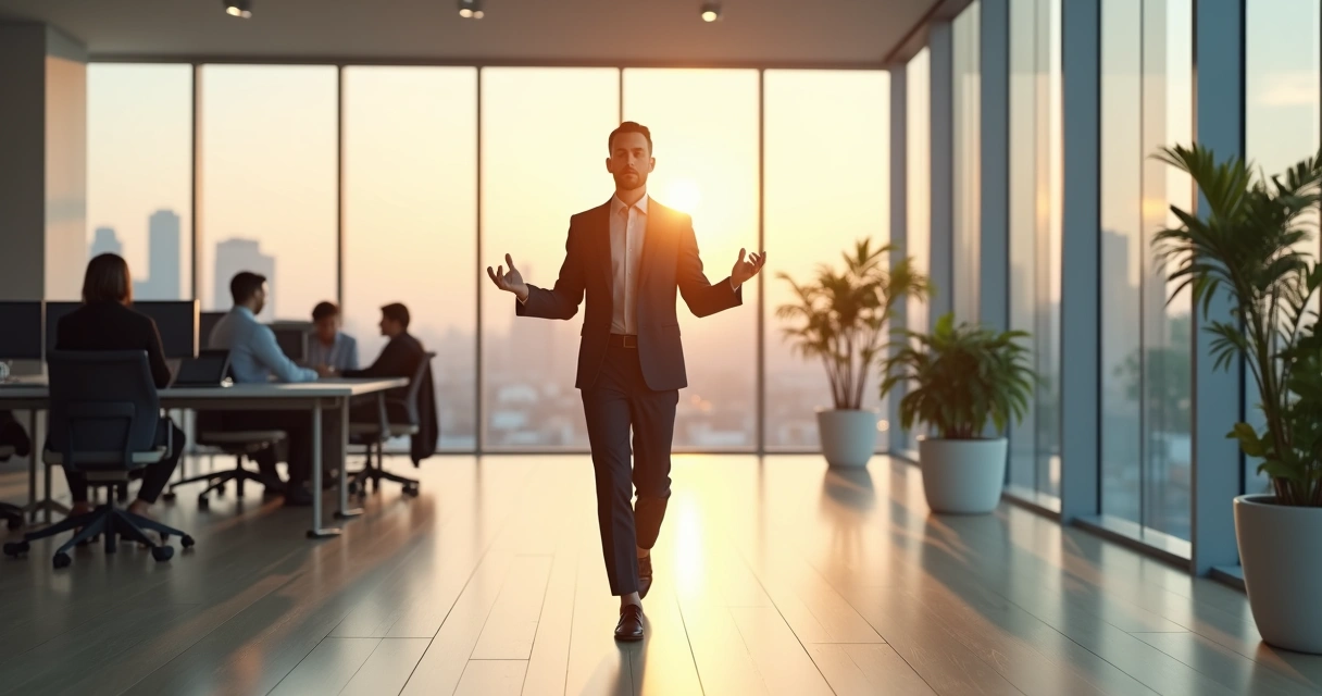 Profissional em meditação ativa caminhando em escritório moderno 