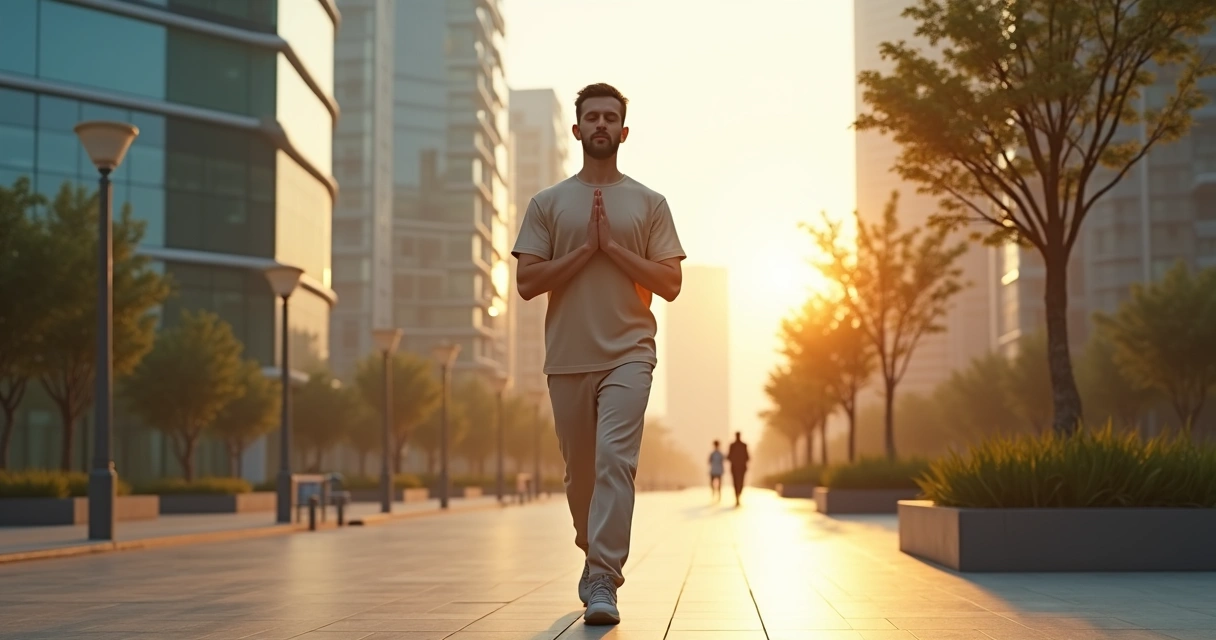 Pessoa em meditação ativa caminhando em cidade futurista ao amanhecer 