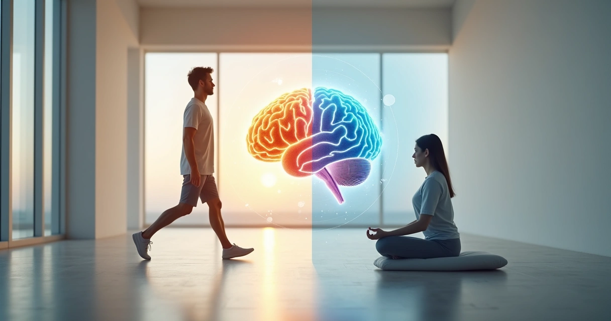 Cérebro holográfico entre pessoa em movimento e pessoa meditando sentada 