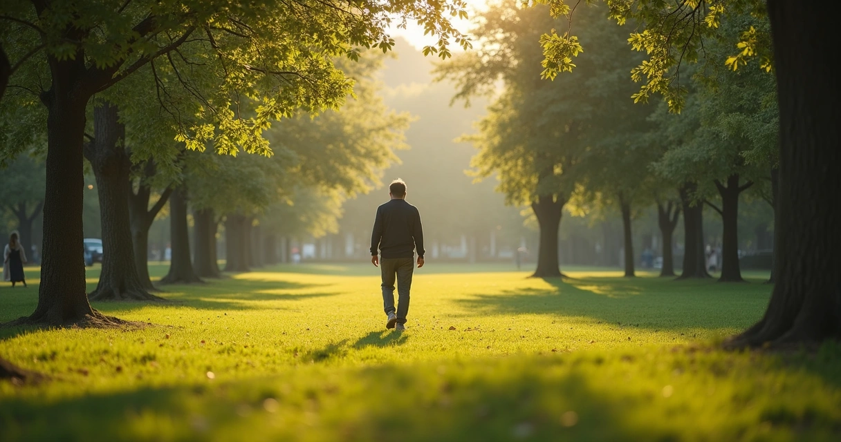 Pessoa caminhando de forma consciente em parque verde 