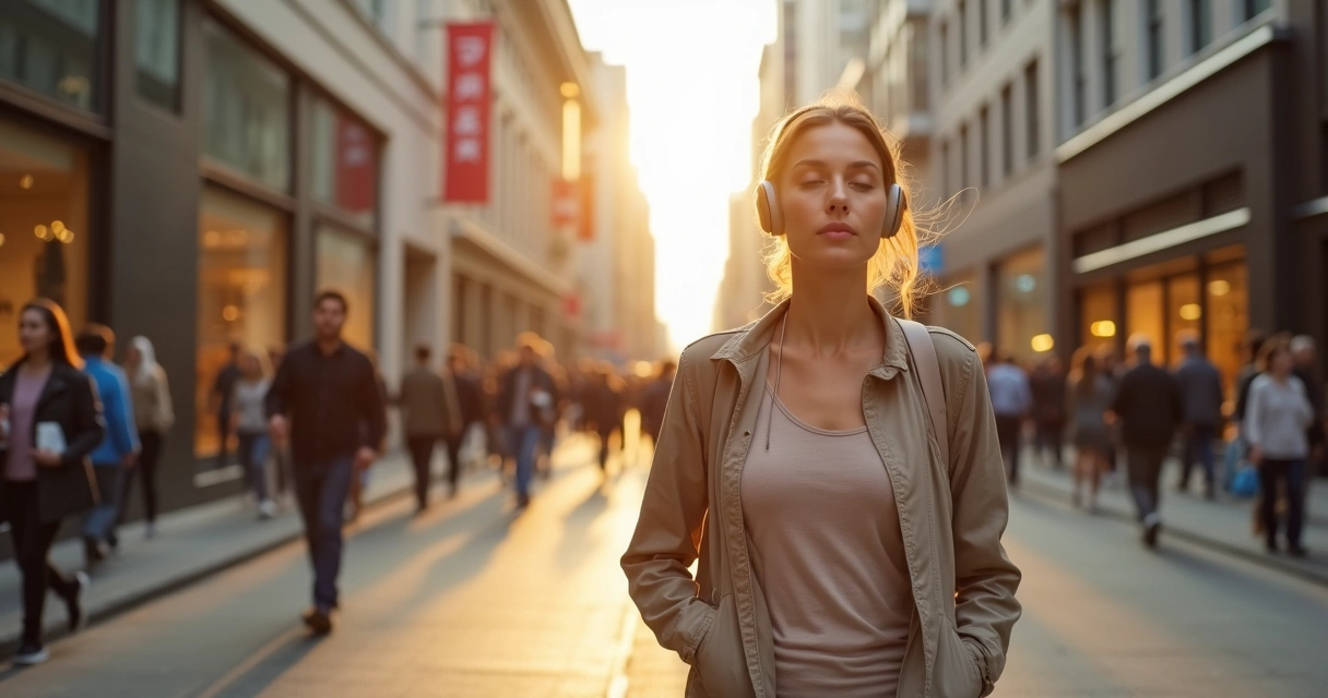 Mulher caminhando em rua movimentada praticando meditacao ativa com fones de ouvido 