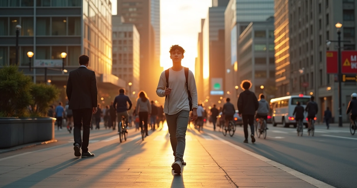 Pessoa praticando meditação ativa caminhando em rua movimentada da cidade 