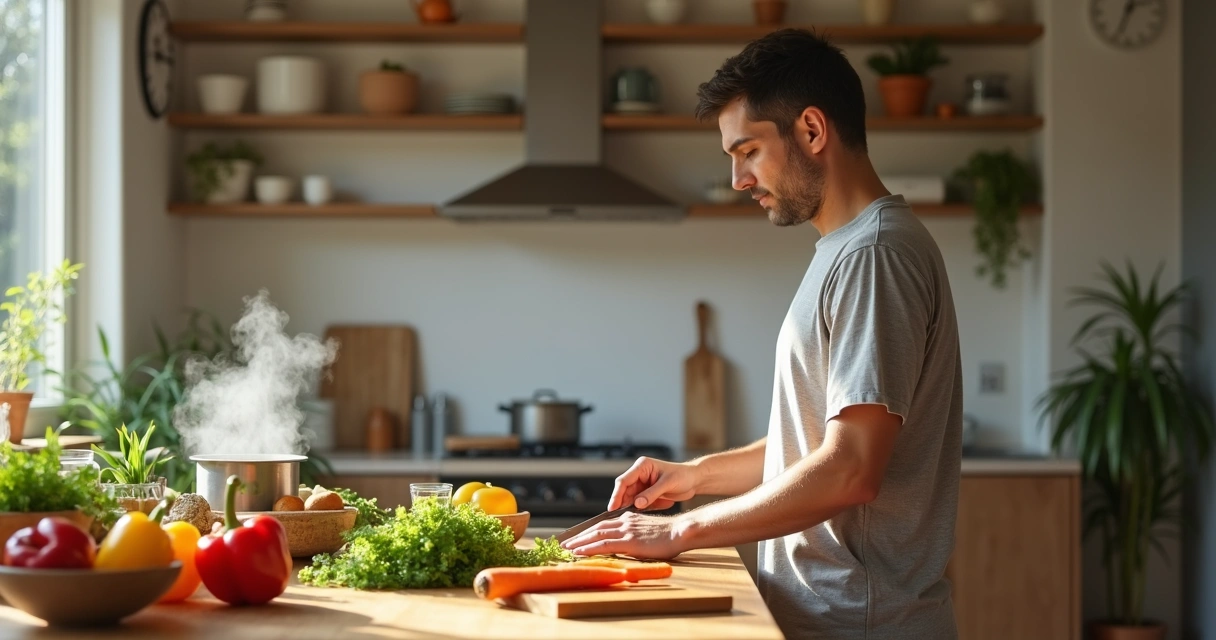 Homem jovem cozinhando e praticando meditacao ativa em cozinha iluminada 