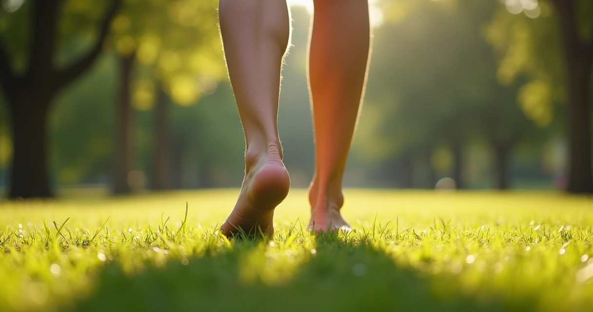 Pessoa caminhando descalça na grama, foco nos pés 