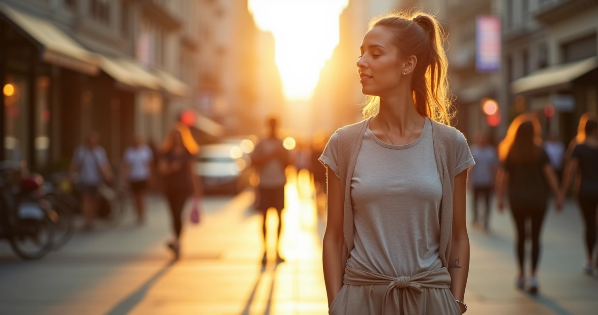 Mulher caminhando em rua urbana praticando meditacao ativa com fones de ouvido 