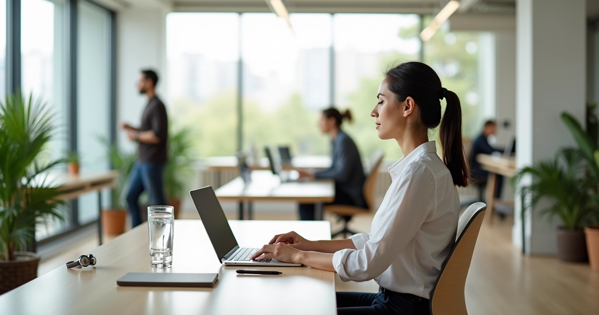 Profissional sentado em mesa de escritório praticando meditação ativa enquanto trabalha no notebook 