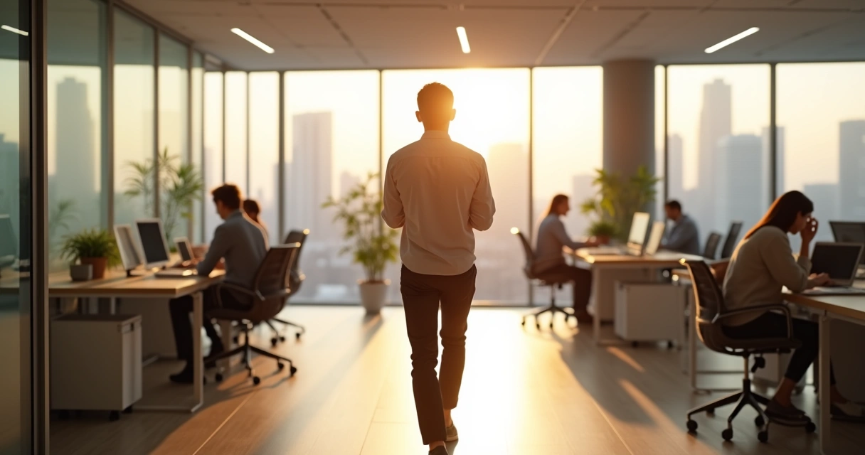 Profissional em meditação ativa caminhando em escritório moderno 