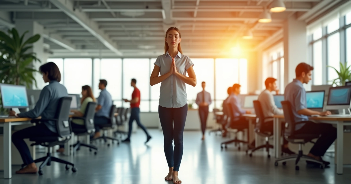 Pessoa em meditação ativa em pé no escritório movimentado 