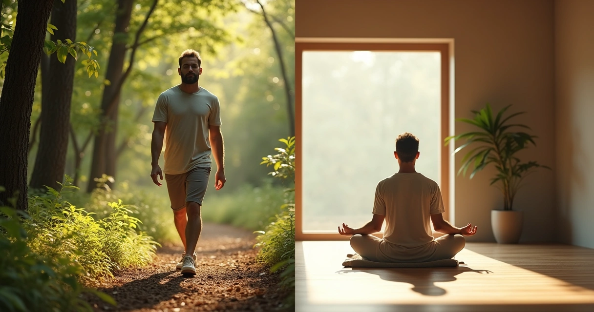 Pessoa meditando em contraste entre meditação ativa e passiva 