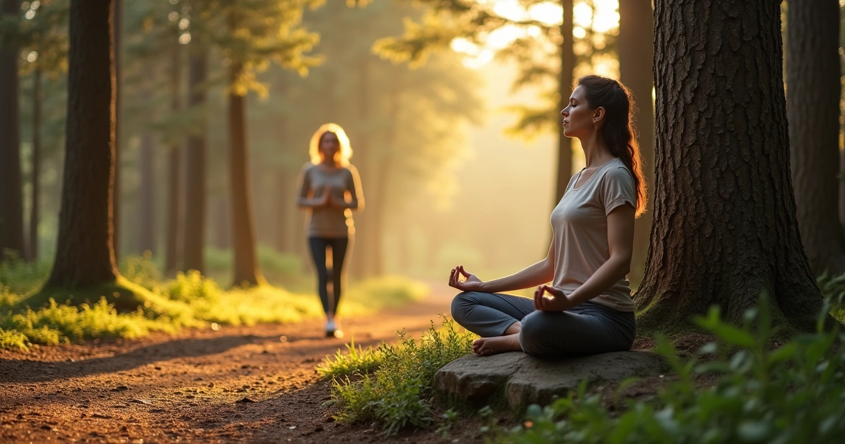 Mulher meditando sentada em pé de árvore enquanto caminha em trilha ao fundo 