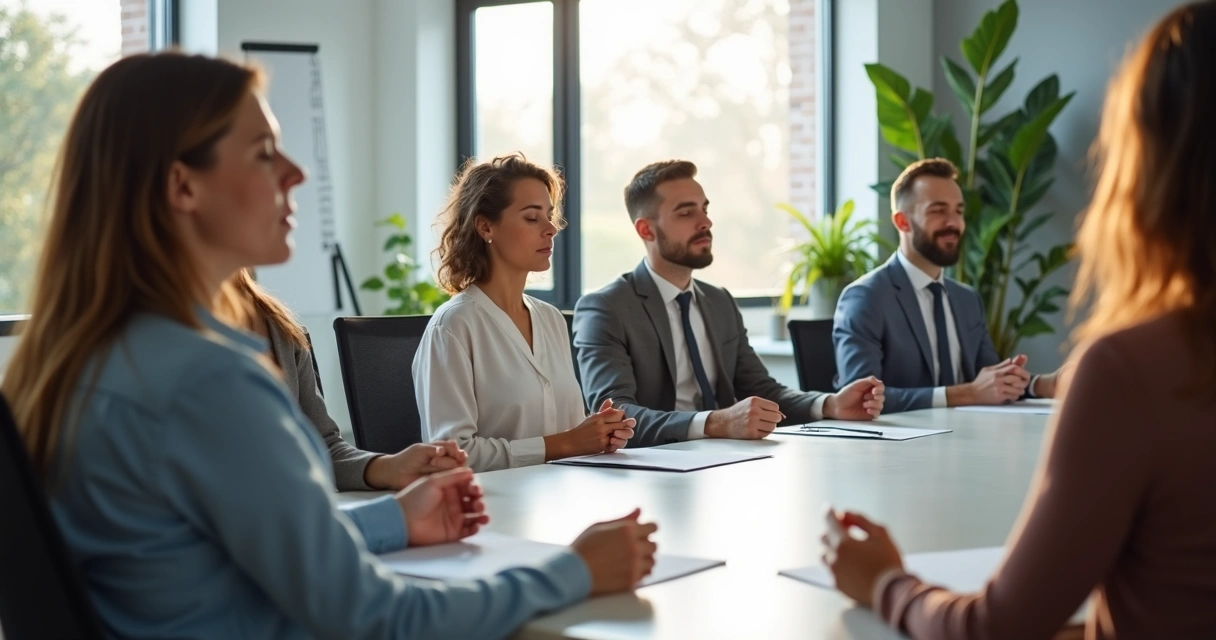 Pessoas sentadas em volta de uma mesa de reunião praticando respiração consciente