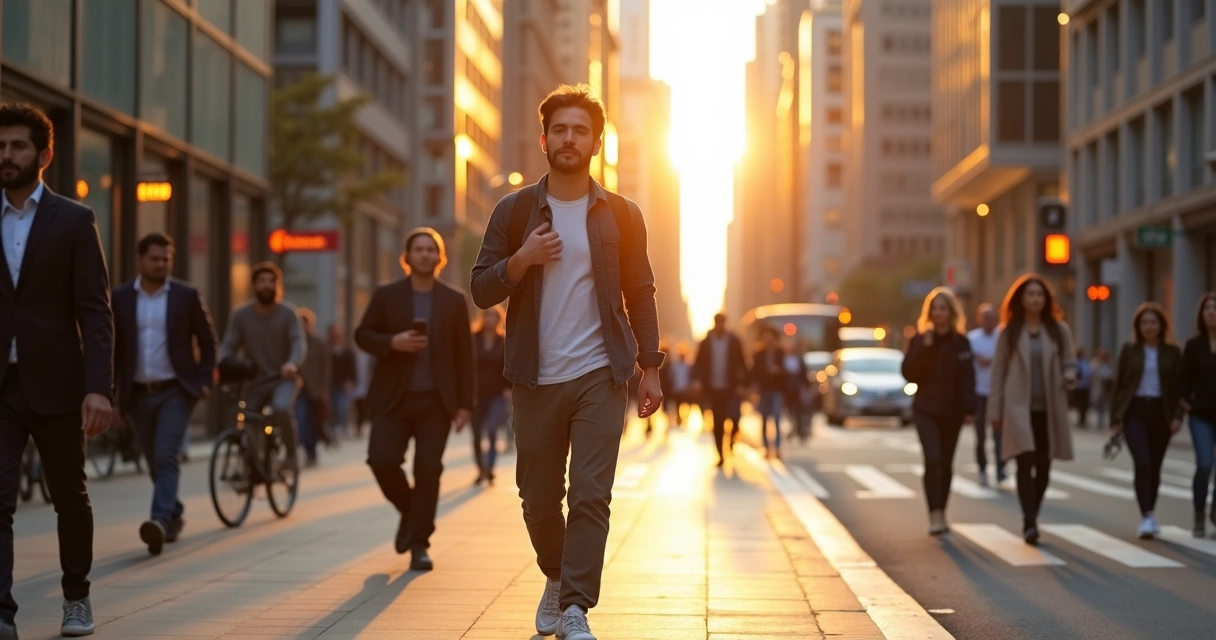 Pessoa caminhando em rua urbana movimentada praticando meditação ativa respirando profundamente. 