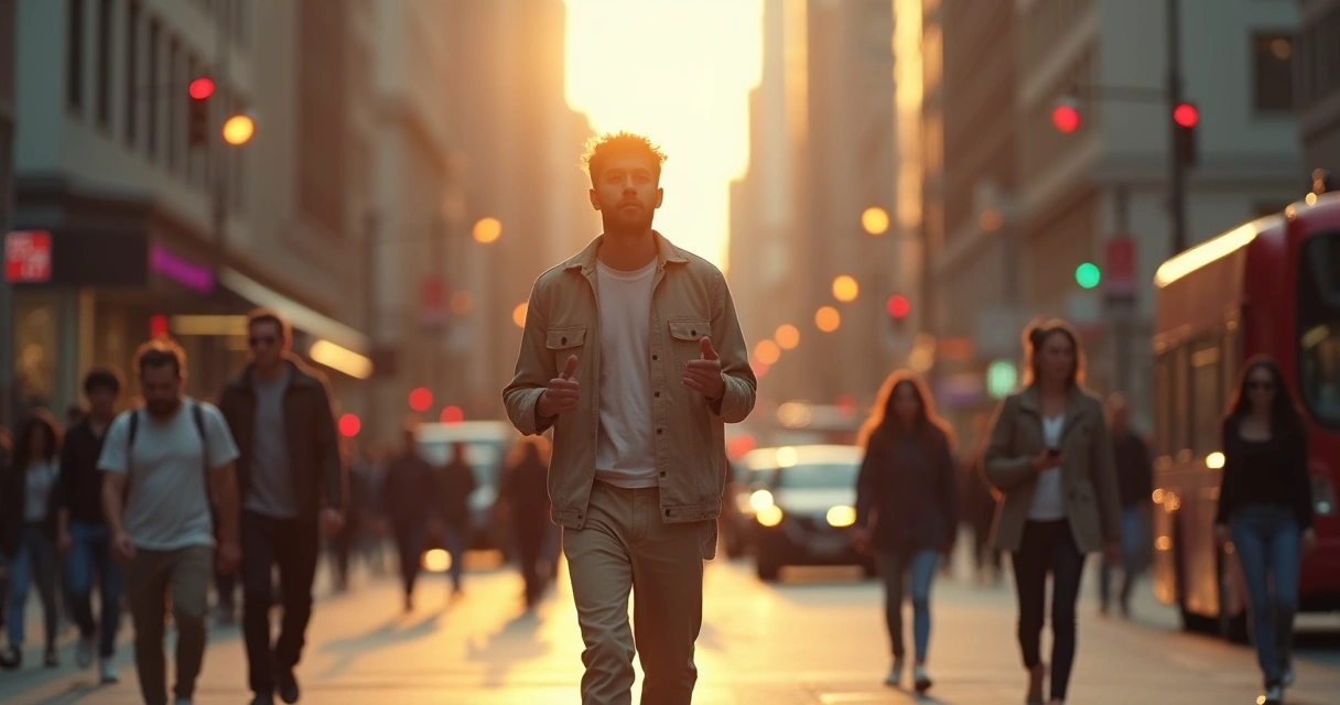 Pessoa praticando meditação ativa caminhando em rua movimentada 