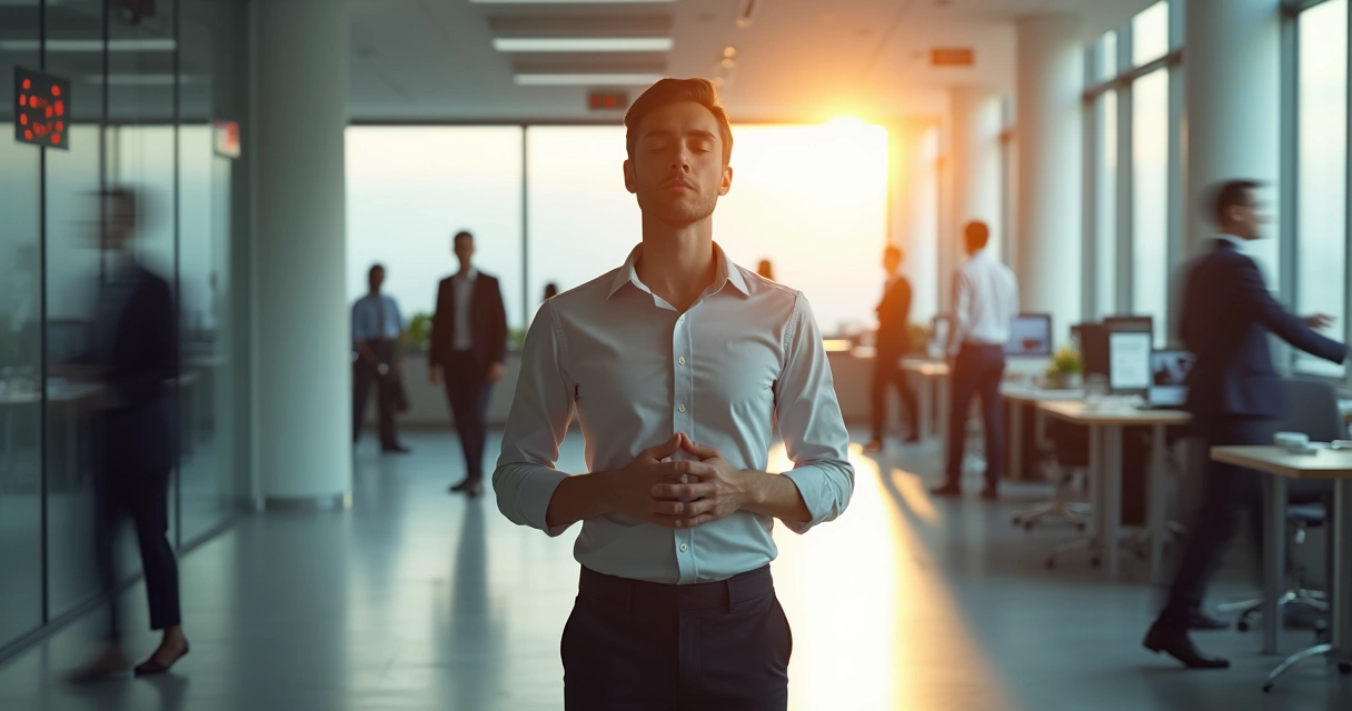 Pessoa em pé praticando meditação ativa em ambiente de trabalho sob pressão. 