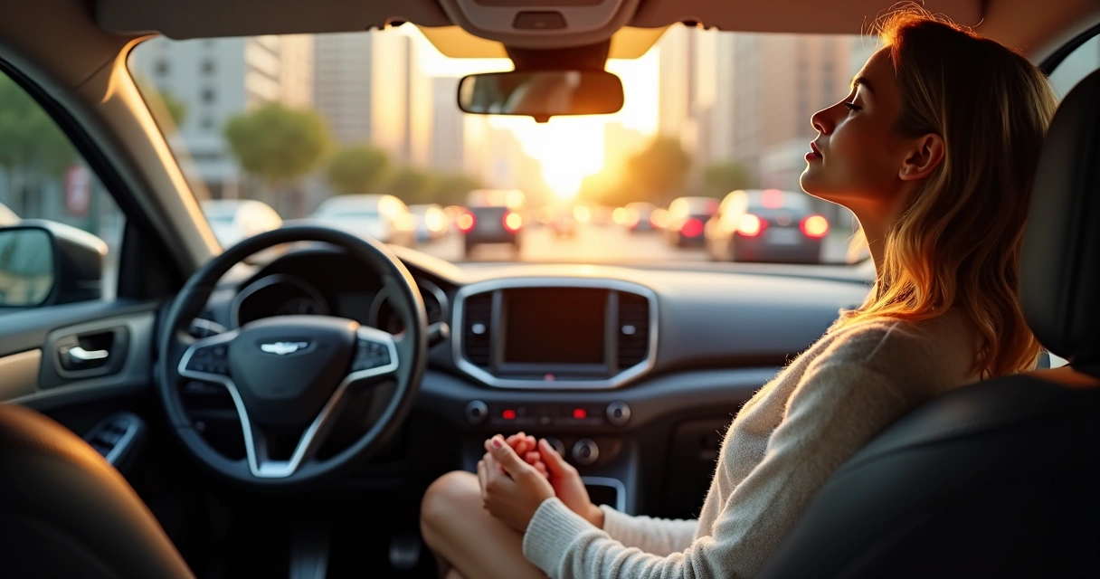Mulher pratica meditacao ativa sentada no carro preso no transito a caminho do trabalho 