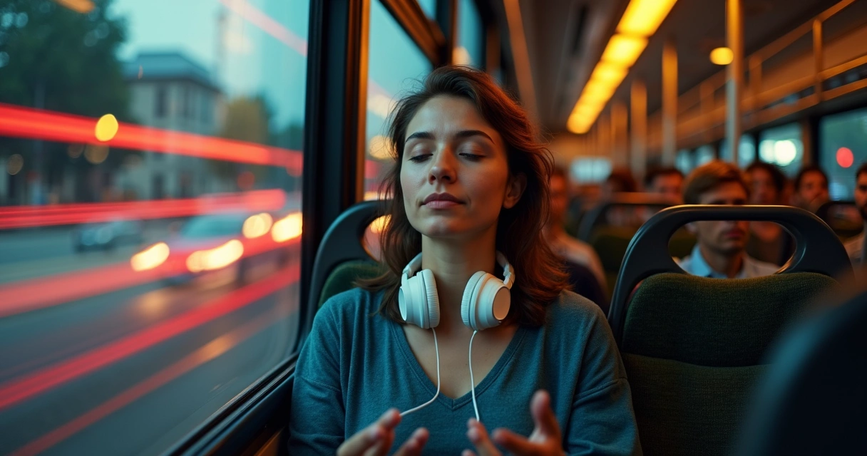 Mulher sentada em ônibus lotado praticando meditação ativa em meio ao trânsito noturno 