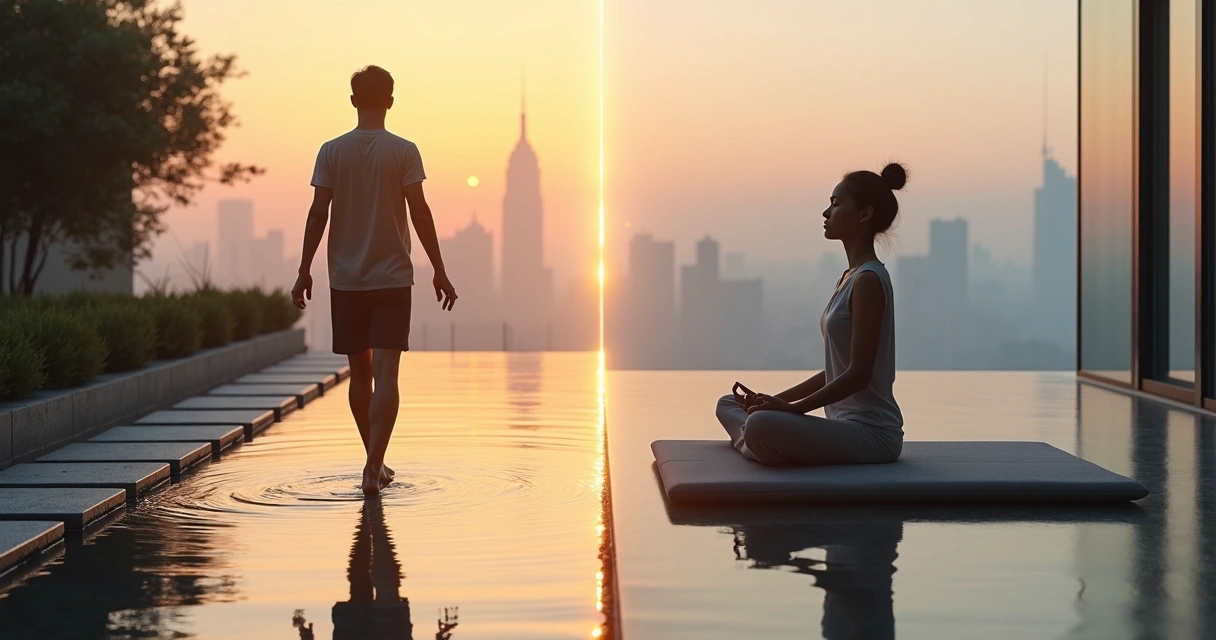 Comparação visual entre meditação ativa em movimento e mindfulness sentado em silêncio 