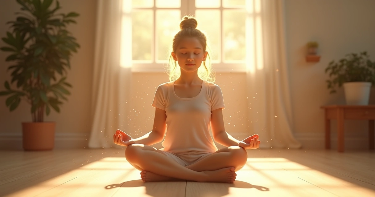 Pessoa sentada meditando envolta por uma luz dourada suave. 