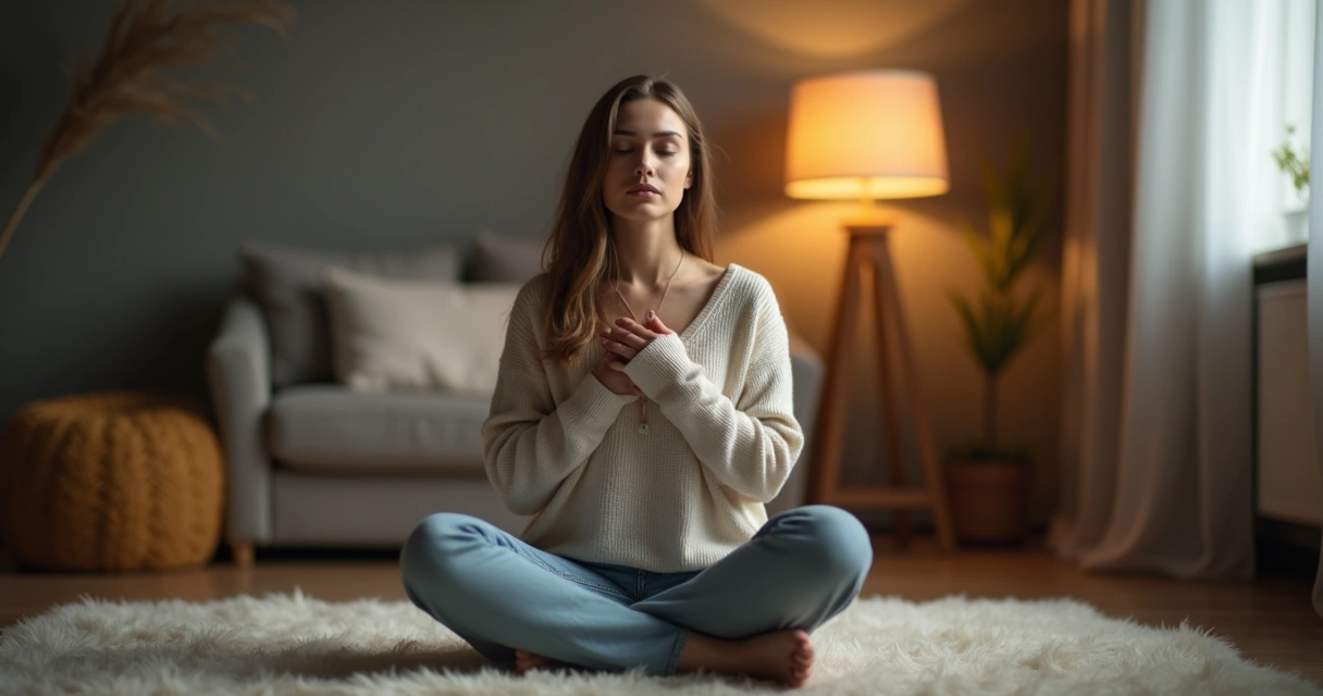 Pessoa com olhos fechados e mão no peito, em atitude de autoacolhimento