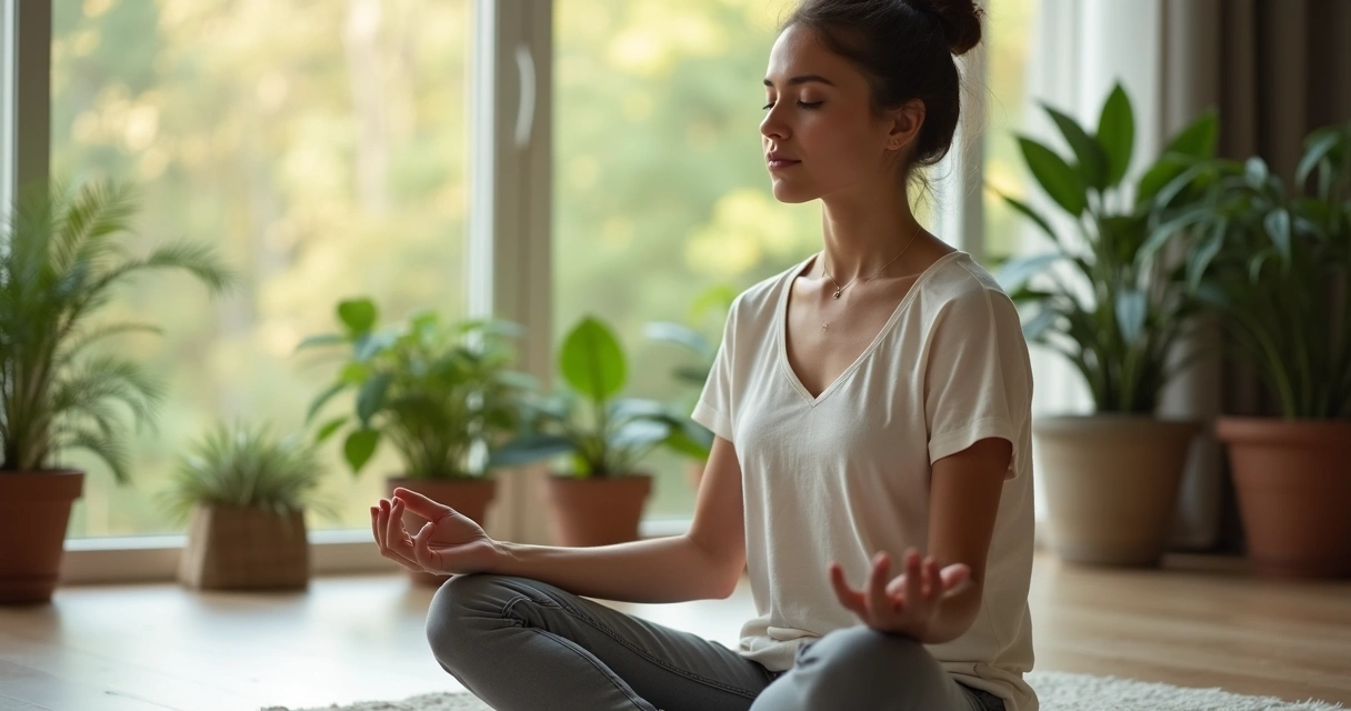 Mulher sentada em postura de meditação, rosto sereno, luz suave ao fundo