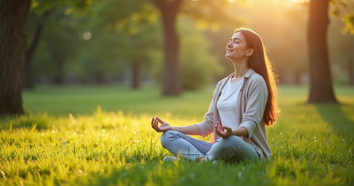 Pessoa sentada meditando ao ar livre em ambiente tranquilo 