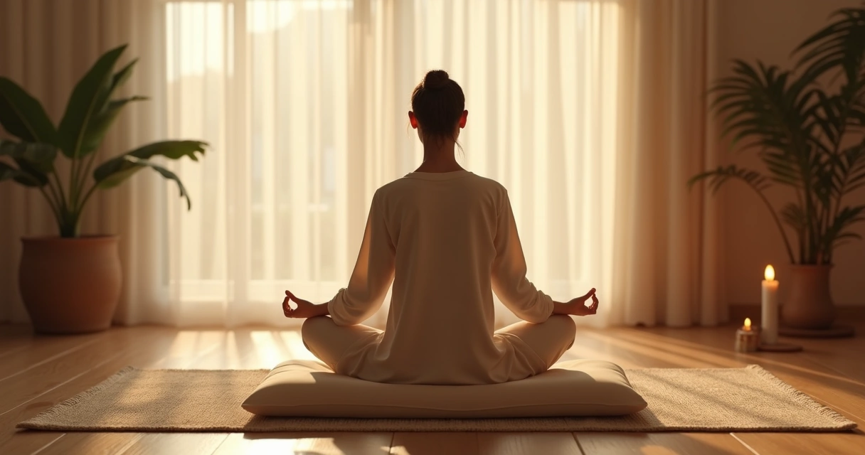Pessoa sentada praticando meditação em ambiente acolhedor 