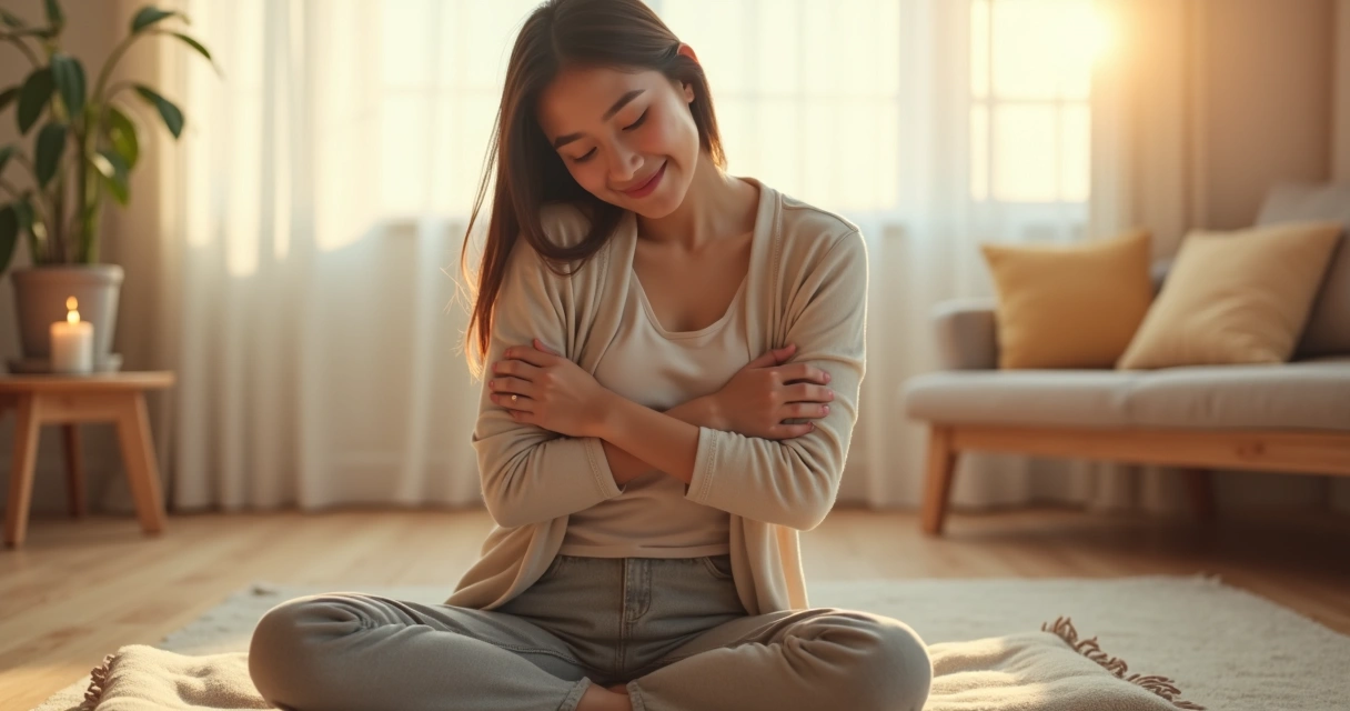 Pessoa sentada em meditação envolvendo o próprio corpo com os braços em gesto de acolhimento 
