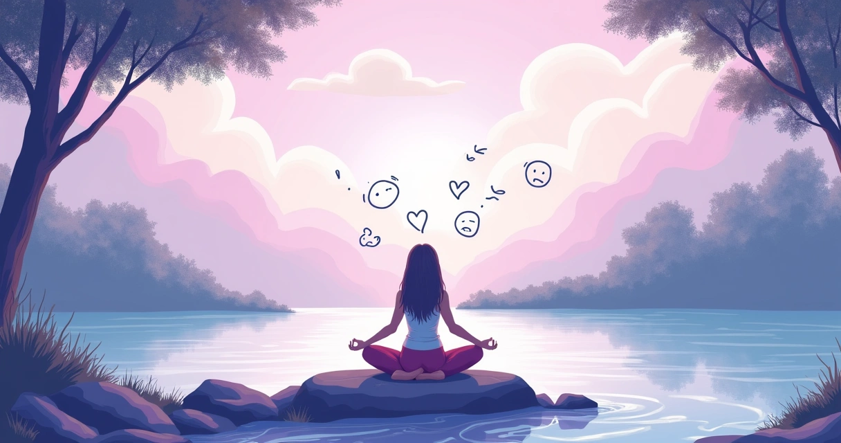 Ilustração de uma pessoa meditando em um ambiente natural tranquilo, com emoções flutuando ao redor.