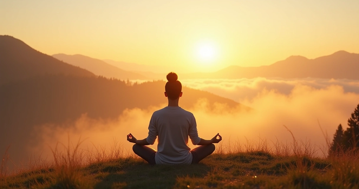 Pessoa sentada em posição de meditação ao ar livre durante o nascer do sol 