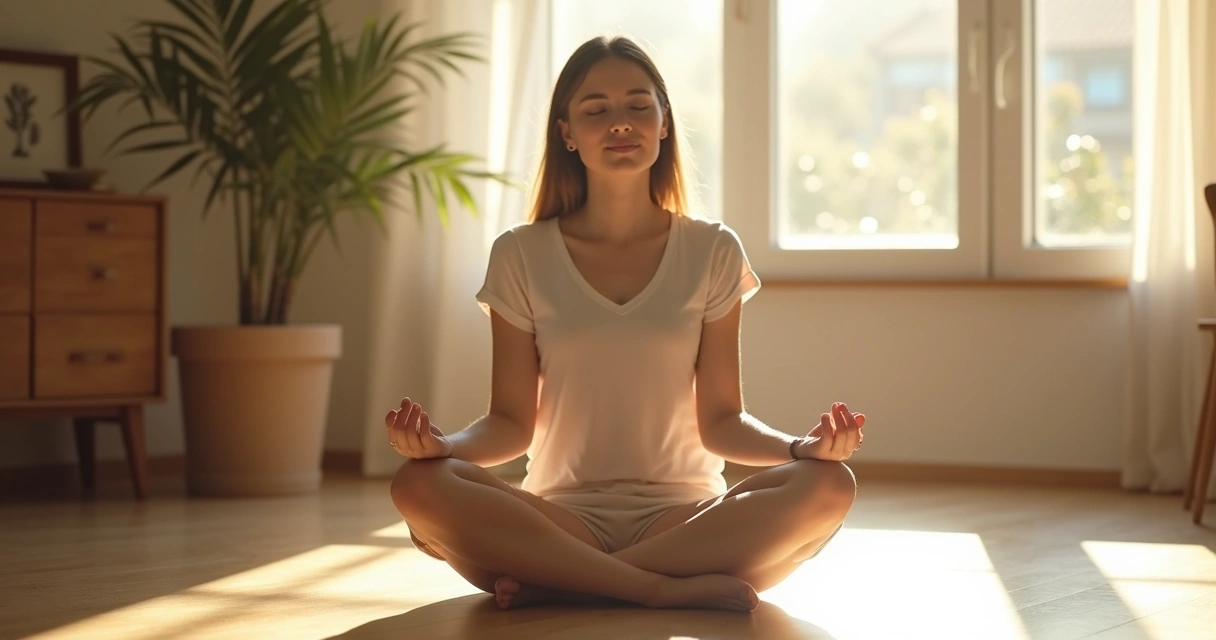 Pessoa sentada em posição de meditação, olhos fechados, ambiente iluminado por luz natural suave.